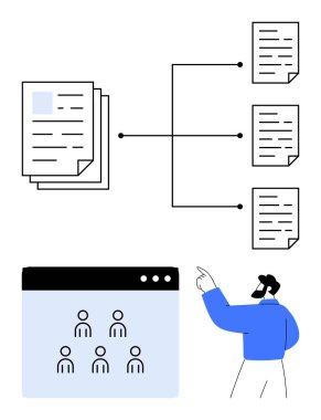 Parçalanmış alt belgeler, takım arayüzü ve işaret eden rakamlarla bağlantılı yığılmış belgeler. İş akışları, veri yönetimi, takım çalışması, proje planlaması, içerik organizasyonu, dosya paylaşımı için ideal