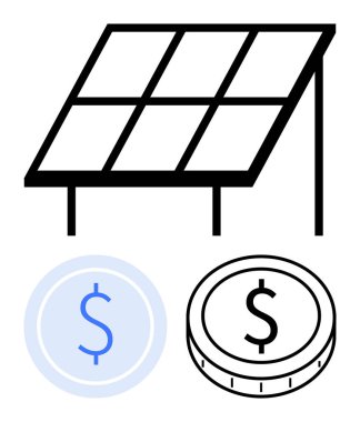 Güneş paneli ile iki madeni para eşleştirilerek temiz enerji, sürdürülebilirlik ve karlılık vurgulanır. Yeşil enerji, yatırımlar, çevre, teknoloji, yenilik, ekonomi soyut çizgisi için ideal