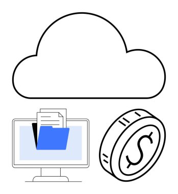Üzerinde dosyalar ve mavi klasör olan bir monitörün üstünde, madeni paranın yanında. Bulut hesaplama, dijital depolama, finansal tasarruflar, teknoloji, dijital iş akışı, bilişim sistemleri ve soyut çizgi düz için ideal