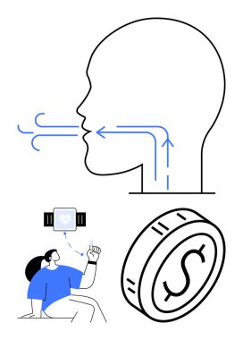 Kafa profili, hava akışı çizgileri, akıllı kaset kullanan kişi, dolar işareti olan büyük para. Sağlık, fitness, teknoloji, finans, yenilik, soyut düz çizgi metaforunu izlemek için ideal