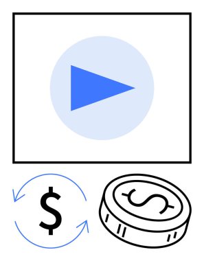 Mavi çalma düğmesi simgesi, yuvarlak oklu dolar işareti ve bozuk para taslağı. Finansal hizmetler, yatırımlar, çevrimiçi ödemeler, dijital işlemler, e-ticaret, fintech işletmeleri için ideal