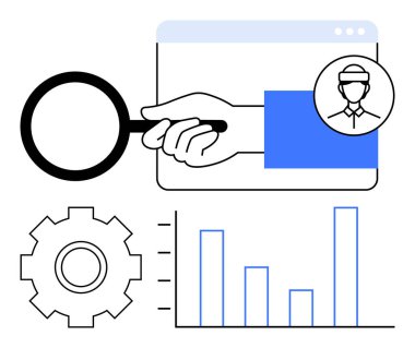 Kullanıcı profili ikonu, bar grafiği ve vites kutusuyla birlikte büyüteç inceleme sayfası. Analiz, SEO, veri içgörüleri, kullanıcı araştırmaları, performans, süreç optimizasyonu için ideal