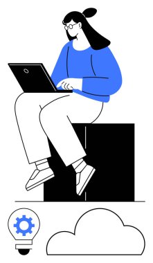 Bir blokta otururken dizüstü bilgisayar kullanan bir kadın, altında vites ve bulut olan bir ampul. Teknoloji, iş, üretkenlik, yenilik, bulut hesaplama, eğitim ve yaratıcılık temaları için idealdir. Çizgi