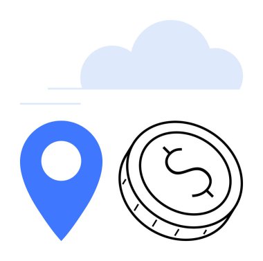 Yukarıdaki mavi bulut depoyu simgeliyor. Madeni işlemleri temsil eden bir dolar işareti olan bozuk para. Mavi yer işareti. Finans, teknoloji, lojistik, bulut hesaplama, e-ticaret için ideal