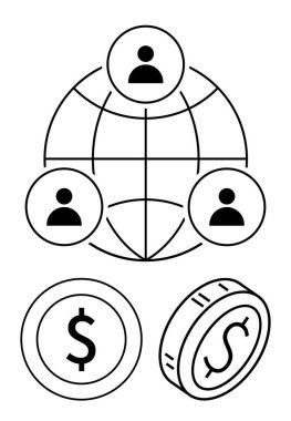 Küredeki insanlardan oluşan bir ağ, çizgilerle bağlanmış, madeni paraların yanında finansal işlemleri de vurguluyor. Küresel finans, iletişim, takım çalışması, ticaret, bağlantı için ideal