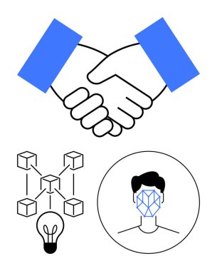 İşbirliği için tokalaşma, engelleme zinciri yeniliği için ampulle bağlanmış engeller, yüz tanıma simgesi. Teknoloji, ortaklıklar, yapay zeka, veri güvenliği, ağlar, yaratıcılık için ideal