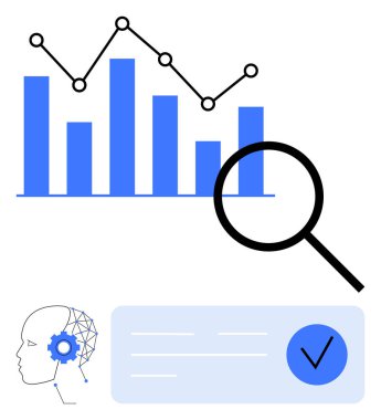 Çubuk grafiği ve çizgi grafiği olan iş haritası, büyüteç, vitesli yapay zeka ve işaret kartı. Analiz, iş büyümesi, yapay zeka teknolojisi, kalite güvencesi, araştırma için ideal