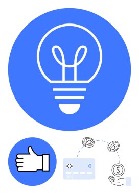Bir fikri temsil eden büyük bir ampul ikonu, bir sembolü, kredi kartını ve bozuklukları temsil ediyor. Yenilik, onay, finans, e-ticaret başarısı dijital işlemler ve yaratıcılık konuları için ideal. Çizgi