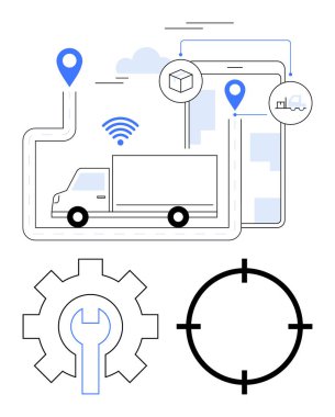 GPS işaretleri, kargo kutusu ve gemi simgeleriyle kamyon rotası. İç dişli anahtar ve hassasiyet için çapraz gölge de dahil. Lojistik, filo yönetimi, dağıtım hizmetleri, güzergah planlaması için ideal
