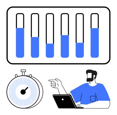 İlerleme çubukları, kronometre ve dizüstü bilgisayar üzerinde çalışırken işaret eden kişi. Üretkenlik, performans, verimlilik, organizasyon, proje yönetimi, takım amaçları ve soyut çizgi düz metaforu için ideal