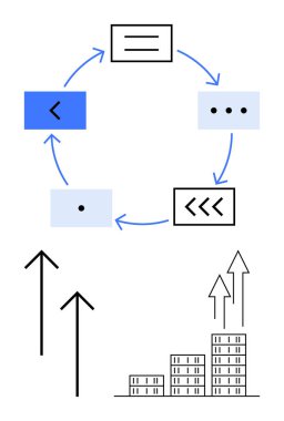 Mavi oklarla dairesel dört aşamalı süreç, basit simgeler, yukarı doğru oklar, ve büyüme ve ilerlemeyi simgeleyen bar grafiği. İş stratejileri, iş akışı, süreçler, başarı, analiz için ideal