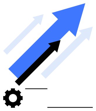 Yukarı doğru çıkan oklar büyümeyi ve başarıyı simgeler, üste hareket ve stratejiyi temsil eden küçük dişliler. Ticari hedefler, üretkenlik, yenilik, takım çalışması, liderlik, başarılar için ideal
