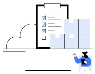İşaretli eşyaların olduğu pano kontrol listesi, istiflenmiş envanter kutuları ve tablet gösteren bir kişi. Lojistik, envanter, tedarik zinciri, üretkenlik, planlama ve organizasyon için ideal