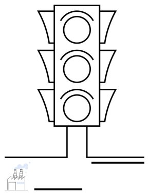Yollara bağlı üç boş sinyal çemberi, çizgili iskelet ve bir fabrika taslağı olan trafik ışığı. Güvenlik, ulaşım, endüstri, kentsel planlama, teknoloji ve yenilik için ideal