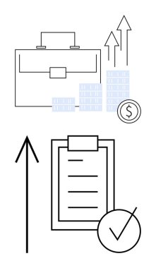 Yukarıya bakan oklar, istiflenmiş paralar ve dolar işaretli iş çantası. Kontrol listesi ve yukarı doğru büyük oklu pano. Ticari büyüme, finans yönetimi, kurumsal strateji ve ekonomi için ideal