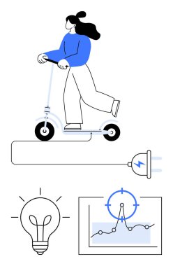 Female riding electric scooter connected to energy plug, glowing light bulb icon, and data graph. Ideal for sustainable transport, renewable energy, innovation, analytics, technology, efficiency clipart