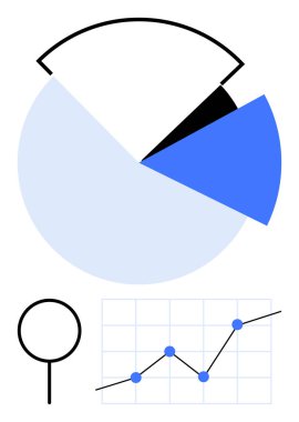 Bölünmüş kısımları olan pasta grafiği, detaylara vurgu yapan büyüteç ve yükselen çizgi grafiği. Araştırma, analitik, istatistik, iş stratejisi, karar verme, veri görselleştirme soyut çizgisi için ideal