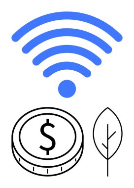 Bozuk para ve yaprak simgeleriyle mavi kablosuz sinyal teknoloji, ekonomi ve çevre dostluğunu temsil ediyor. Teknolojik yenilik için ideal, sürdürülebilir finans, bağlantı, fintech, yeşil enerji, ekonomik