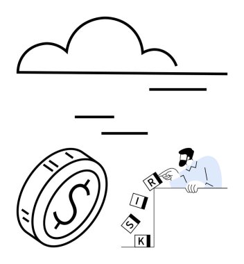 Adam RISK bloklarını madeni paranın ve basit bulut tasarımının yanına yerleştiriyor. Finans, karar verme, strateji, zorluklar, risk yönetimi, belirsizlik, soyut çizgi düz metafor için ideal