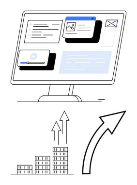 UI elementli bilgisayar monitörü, yukarı doğru oklu bar tablosu, büyük kıvrımlı ok. Ticari büyüme, başarı, analitik, ilerleme, dijital araçlar, stratejik soyut çizgi düz metaforu için ideal