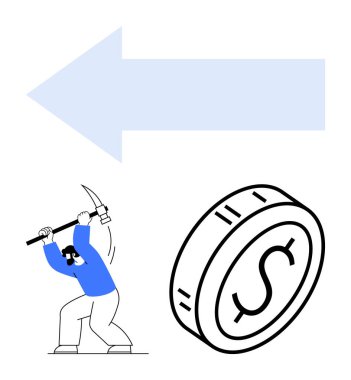 Bir dolar bozuk para ve büyük bir okun yanına kazmayla vuran bir adam. Mali eğilimler, iş gücü, kripto para birimi, yatırım, hedefler, karar verme mekanizması, soyut düz metafor için ideal