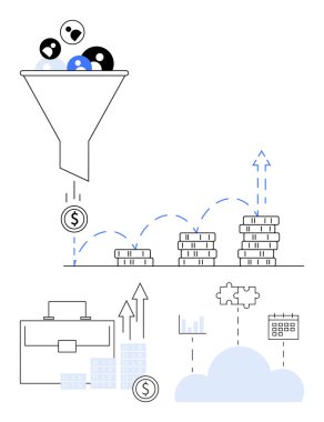 Huni filtreleme finansal büyüme çubuklarına götürür. Çanta, bulut, çizelgeler, takvim. Pazarlama, satış, iş büyümesi, strateji planlama veri analizi finansal optimizasyon bulutu için ideal