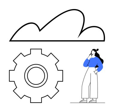 Düşünceli bir kadın bulut bilişim, teknoloji ya da yenilik öneriyor. Teknoloji çözümleri, yazılım geliştirme, bulut sistemleri, veri işleme ve bilişim kavramları için ideal