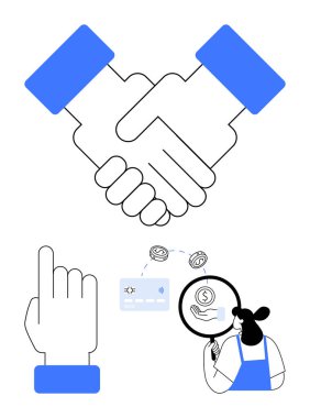 El sıkışma, işaret parmağı, dolar üzerinde büyüteç, analiz altında kart, önlüklü kadın. İş ortaklıkları, anlaşmalar, işlemler, mali analiz ekibi müşterisi için ideal