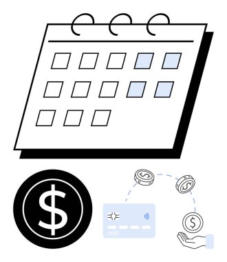 Vurgulanmış tarihli takvim, dolar sembolü, kredi kartı ve el alımlı para. Bütçe planlama, mali planlama, gider takibi, ödeme zamanlaması, nakit akışı yönetimi muhasebesi için ideal