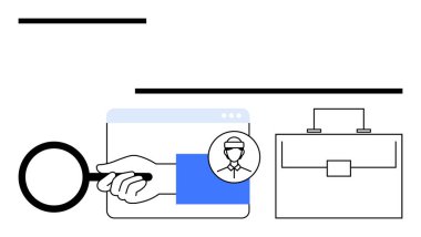 Tarayıcı penceresindeki bir kullanıcı profilini iş arama, işe alma ve profesyonel fırsatları sembolize eden bir evrak çantasıyla büyüteç incelemesi. İdeal İK, işe alım, kariyer geliştirme, online