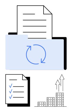 Dizin ve oklu senkronizasyon, kontrol listesi, büyümeyi gösteren oklu binalar. Kavramların organizasyonu, güncellemeleri, hedefleri, verimliliği, büyüme verilerini desteklemek için idealdir. Soyut çizgi
