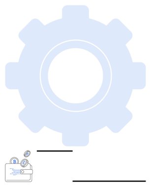 Cüzdanı bozuk para ve güvenlik simgeleriyle kaplayan bir dişli. Fintech 'i sembolize ediyor. Dijital işlemler için ideal, işlem otomasyonu, veri güvenliği, yenilik, verimlilik, engelleme zinciri, soyut çizgi