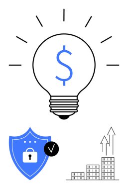 Dolarlı ampul, kilitli ve işaretli kalkan, binaların üzerinde yukarı doğru oklar. Finans, yenilik, güvenlik, büyüme, yatırım stratejisi için idealdir. Soyut satır düzlüğü