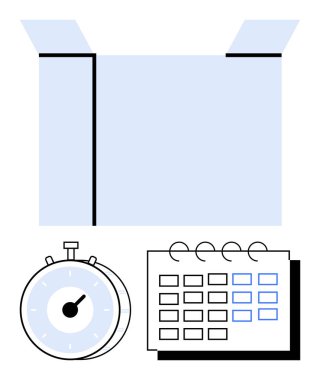 Kronometre ve takvim içeren açık kutu zamanında teslim, planlama ve organizasyonu vurguluyor. Lojistik, teslim tarihi, proje planlaması, taşımacılık, e-ticaret, üretkenlik ve soyut çizgi için ideal