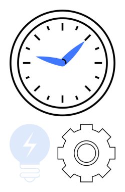 Mavi elli saat, yenilikleri simgeleyen soluk ampul ve işlem optimizasyonu için vites. Zaman yönetimi, üretkenlik, iş akışı, planlama, yenilik ve verimlilik için ideal