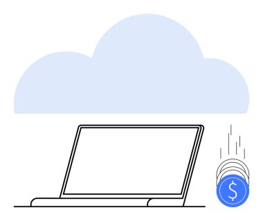 Arka planda büyük bulut olan dizüstü bilgisayar, yanında dolar işareti olan bozuk paralar. Bulut hesaplama, işletme finansmanı, dijital para, çevrimiçi hizmetler, girişimler, bilgi teknolojisi ve maliyet için ideal