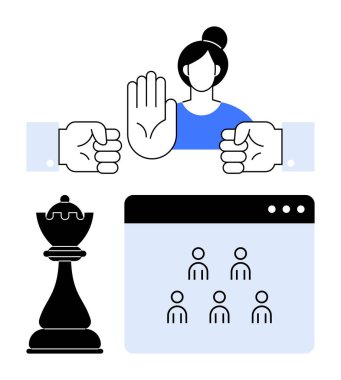 Outstretched hands stopped by a raised palm gesture beside a chess king and team collaboration grid. Ideal for leadership, decision-making, teamwork, conflict resolution, power dynamics, strategy clipart