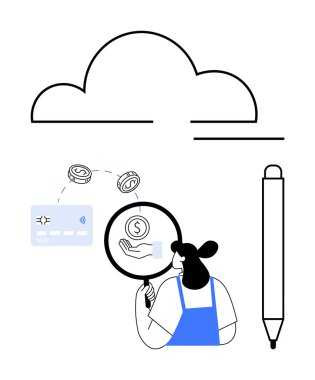 Büyüteç, bulut simgesi, kredi kartı, bozuk para ve kalemle finansal verileri analiz eden bir kadın. Finans, veri analizi, teknoloji, bulut hesaplama çevrimiçi işlemler tasarrufu için ideal