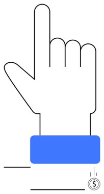 Yükseltilmiş işaret parmağı ve mavi manşet ile el, karar verme mekanizması, etkileşim ve finansal odaklanma vurgulanıyor. İş, e-ticaret, finans, büyüme, yatırım, teknoloji soyut çizgisi için ideal