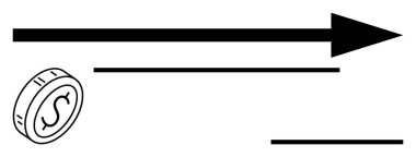 Büyük ok, madeni parayı işaret ediyor. Mali ilerlemeyi, ekonomik büyümeyi ve yönü simgeliyor. Finans, yatırım, strateji, iş hedefleri, tasarruf zenginliği soyut hattı için ideal