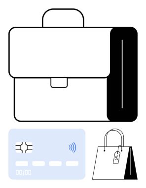 Siyah-beyaz evrak çantası, üzerinde çip olan mavi kredi kartı ve irtibatsız sembol, indirimli etiketli alışveriş çantası. İş, finans, perakende, e-ticaret, alışveriş, soyut bütçe çizgisi için ideal