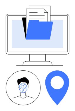 Dosya dizini, belgeler, yüz tanıma simgesi ve konum kodlu bir masaüstü monitörü. Veri analizi, güvenlik, teknolojik gelişmeler, yapay zeka, biyometrik gizlilik, düz metafor.