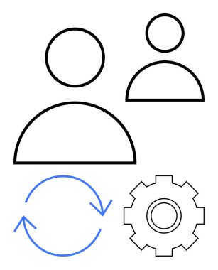 İki kullanıcı profilinin minimalist taslak simgeleri, ayarlar için teçhizat ve mavi tazeleme okları, sistem yönetimini sembolize etme, güncelleme ve işbirliği. Uygulamalar, takım çalışması ve bilişim araçları için ideal iş akışı