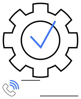Mavi işaretli ve telefon simgeli vites. Otomasyon, sistem ayarları, teknik destek, verimlilik, iş akışı, iletişim, iş süreçleri için ideal. Soyut çizgi düz metafor