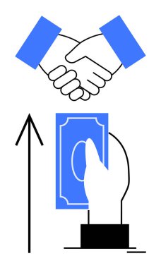 El sıkışın ve paranızı yukarı doğru ok ile tutun. İş anlaşmaları, finansal büyüme, yatırımlar, ortaklıklar, ekonomik başarı, şirket anlaşmaları, başlangıç finansmanı için idealdir. Satır metaforu