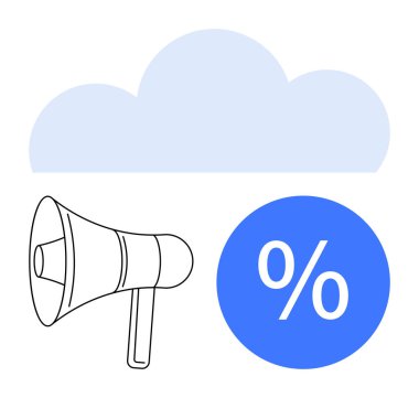 Merkezi megafon ve mavi yüzde işaretinin üzerinde bulut simgesi. Dijital pazarlama, teknoloji, bulut hizmetleri, promosyonlar, veri analizleri, iletişim ve reklamcılık için ideal. Soyut satır düzlüğü