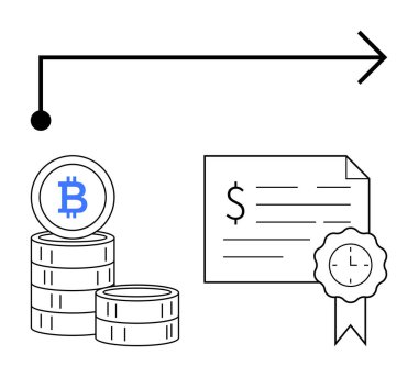 Üzerinde kurdele mührü olan bir dolar sertifikasının yanına istiflenmiş bitcoin paraları zaman çizgisi okuyla kesişiyor. Engelleme zinciri, mali büyüme, yatırımlar, dijital para birimi, tasarruflar, gelecek için ideal