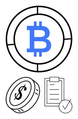 Bozuk para çerçeveli Bitcoin logosu, bozuk para, işaretli kontrol listesi. Kripto para birimi, mali yönetim, engelleme zinciri, ticaret kavramları, yatırımlar, fintech soyut çizgi düz metaforu için ideal