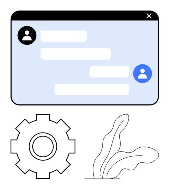 Metin baloncukları ve profil simgeleriyle kullanıcı sohbet penceresi, ayarları temsil eden dişli tasarımı ve soyut bitki formları. Teknoloji, iletişim, takım çalışması, UIUX, iş akışı, üretkenlik için ideal