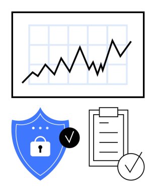Çizgi grafiği büyümeyi gösteriyor. Kilit sembolü ve işaretli mavi kalkan, işaretli kontrol listesi. Analiz, veri güvenliği, uyum, büyüme, izleme, güvenlik soyut çizgisi düz metaforu için ideal